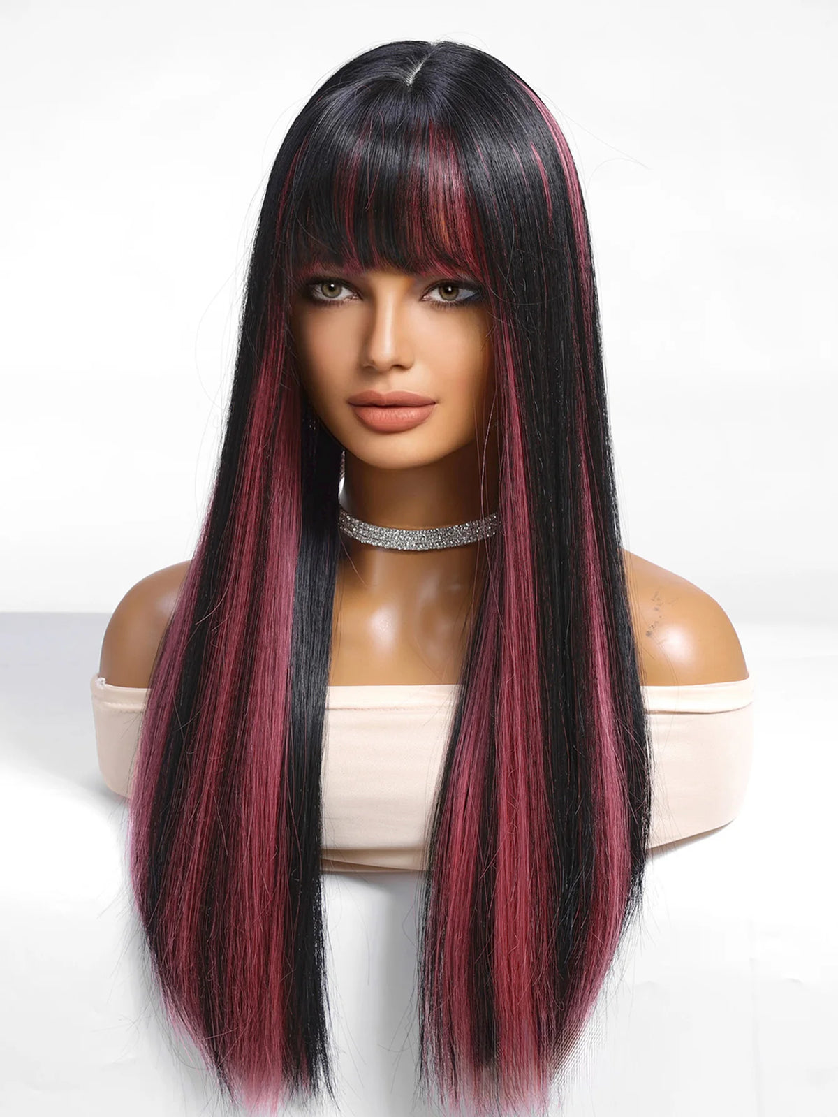 Black Highlight Pink Synthetic Wig Bangs Long Straight Red Cosplay Party Christmas
