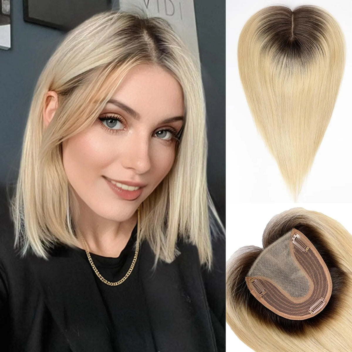 Brown Mixed Blonde Remy Human Hair Toppers Silk Base Clips in Straight