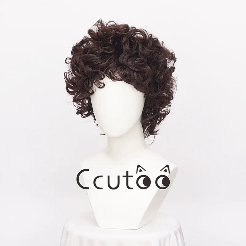 Short Dark Brown Curly Synthetic Cosplay Wig + Free Wig Cap
