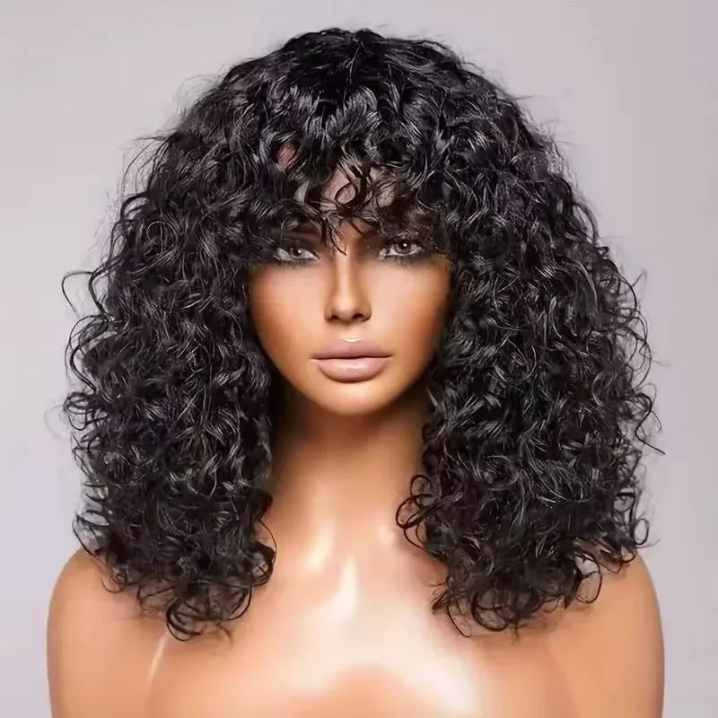 210% Density Curly Human Hair Wigs Bangs Glueless Short Bob Machine Made