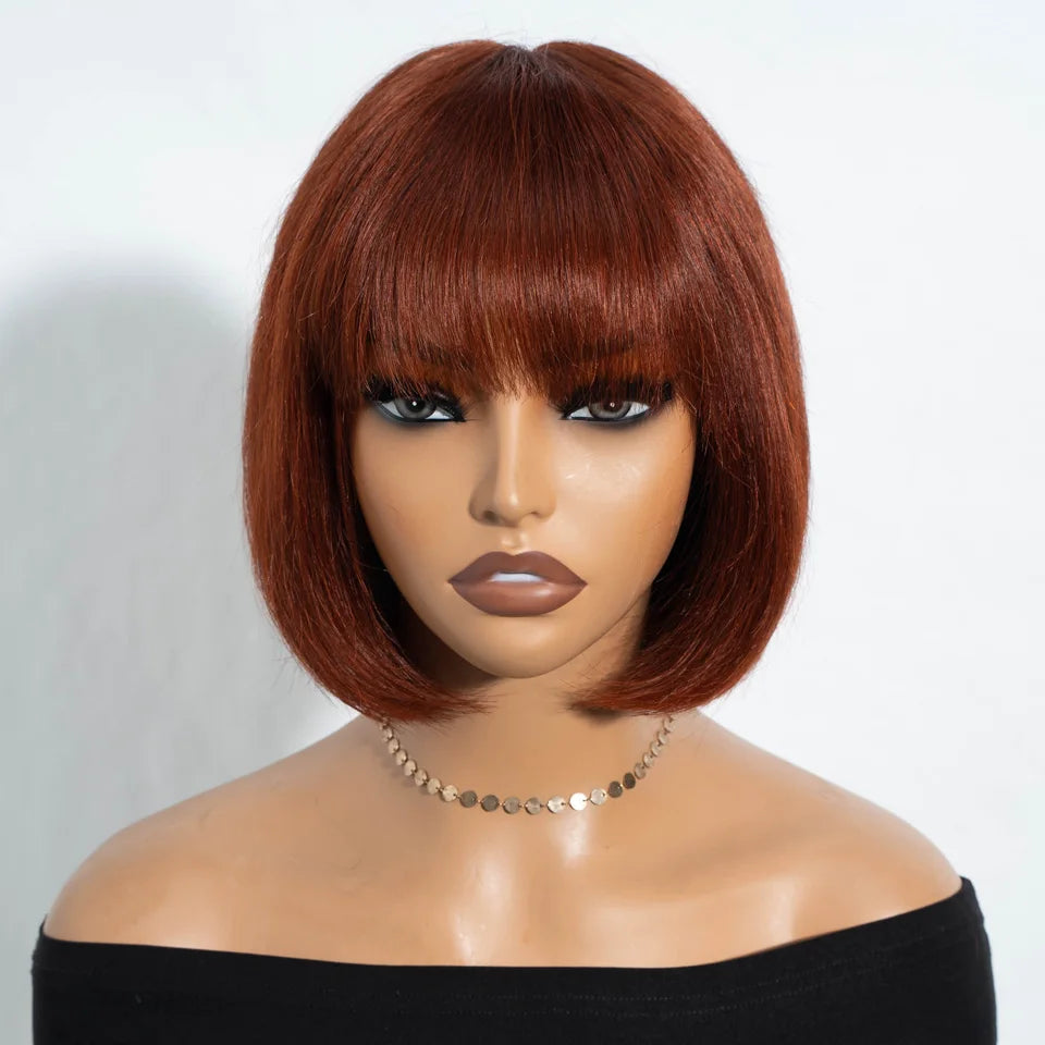 Straight Human Hair Bob Lace Wig with Bangs - Fringe Middle Part, Realistic Scalp, Brazilian