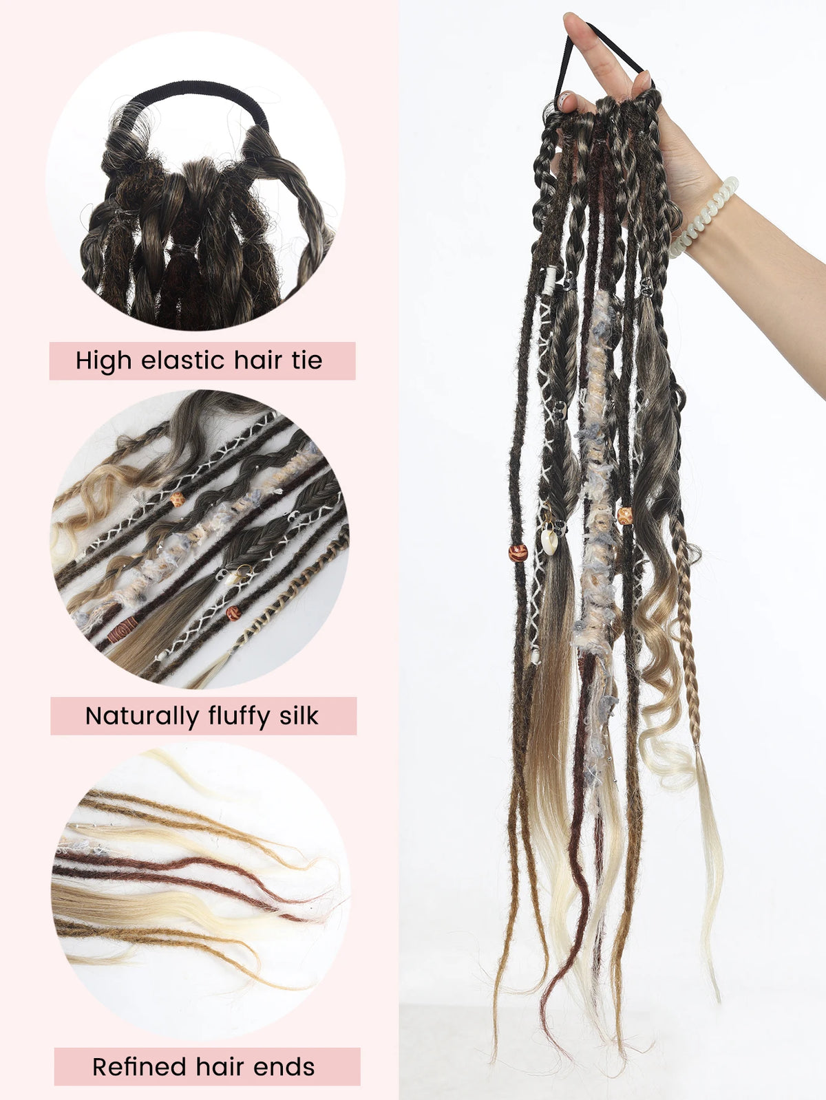 Hand-Braided Viking Dreadlock Beaded Synthetic Hairpiece 24" Boho Braided Ponytail Extension with Hair Tie