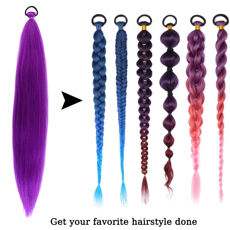 Synthetic Purple Hair Ponytail Wig Extension Braiding Kids Girls Tie Costume Party