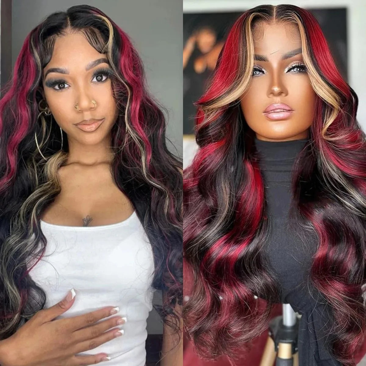 180% Density Brown Roots Ash Blonde Body Wave Lace Frontal Wig, 13x4, Ombre, Synthetic Blend