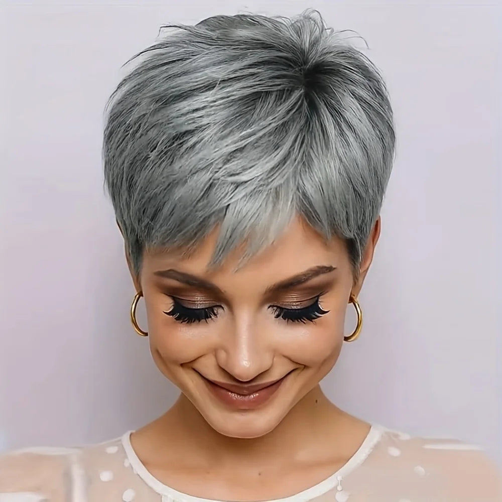 Human Hair Wig Natural Afro Kinky Curly Pixie Cut with Bangs Full Jerry Curly Hairpiece Full Machine-Made Wig