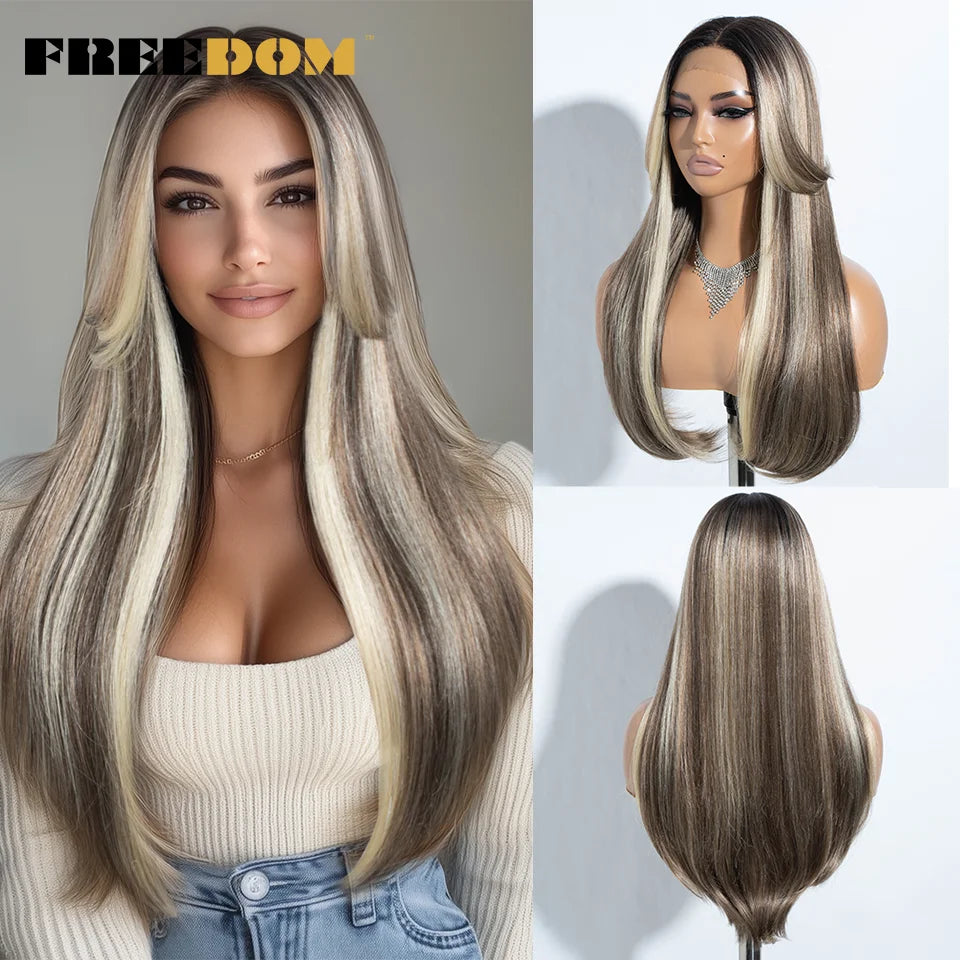 Straight Synthetic Lace Front Wigs Long Bangs Ombre Brown Blonde Highlight Cosplay