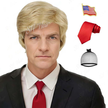 Synthetic Blonde Costume Wig + Flag Pin Red Tie Adults Layered Cosplay