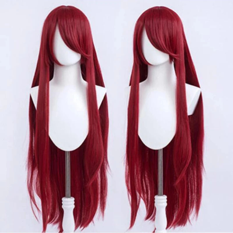 100cm Long Wine Red Wig Heat Resistant Full Bangs Synthetic Hair Wig