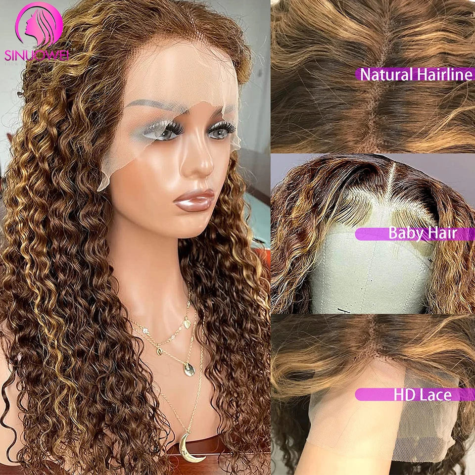 Highlight Wig Human Hair, 13x6 Water Wave Honey Blonde Lace Frontal Curly