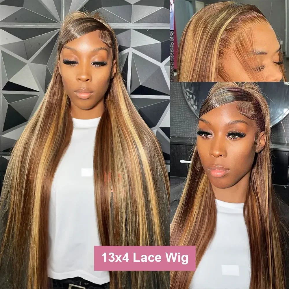 Honey Blonde Highlight Ombre 4/27 Human Hair Wigs HD Transparent Brown Colored