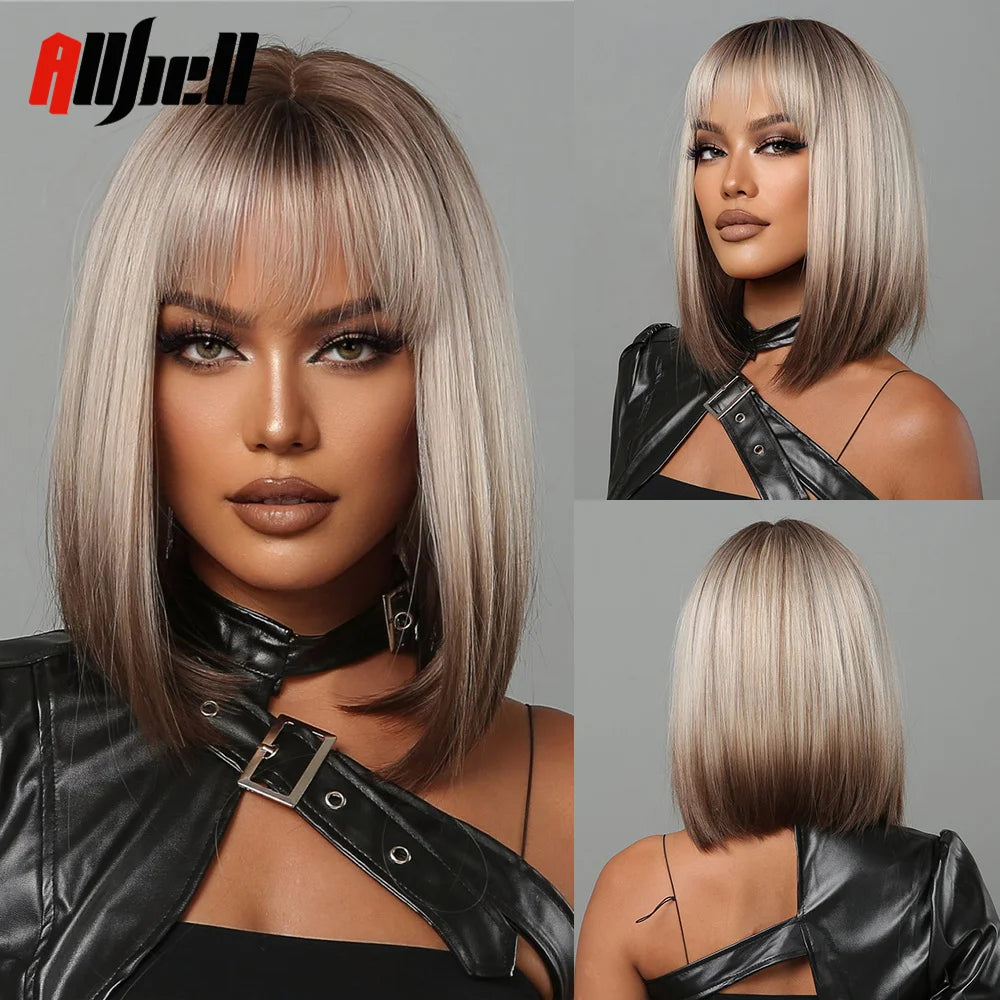 Short Copper Ginger Synthetic Natural Wavy Wigs Hair Orange Halloween Bob Bangs