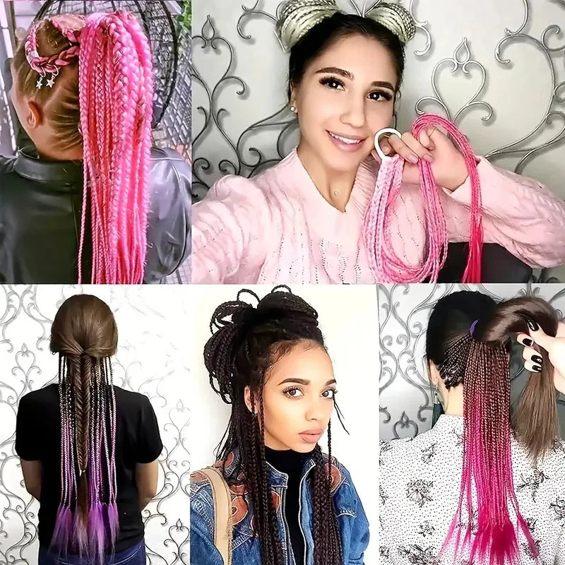 Synthetic Multi-Strand Rainbow Long Straight Braid Hair Extensions, Elastic Rubber Band Ponytail