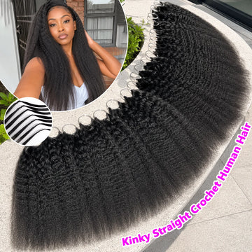 Kinky Straight Human Crochet Hair Extensions, 26-30 Inch, Pre-Separated Feather Crochet, Natural Black