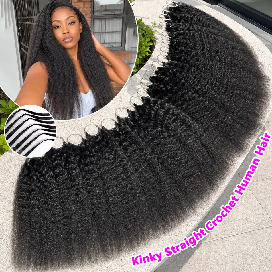Kinky Straight Human Crochet Hair Extensions, 26-30 Inch, Pre-Separated Feather Crochet, Natural Black