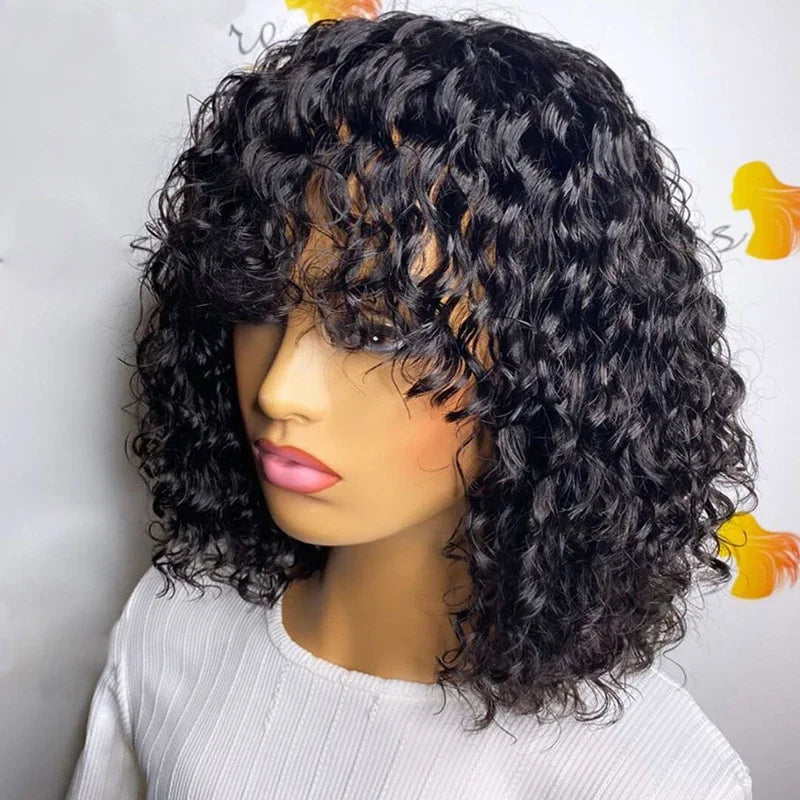 Water Curly 100% Virgin Human Hair Wig Bangs Density Peruvian Full Machine