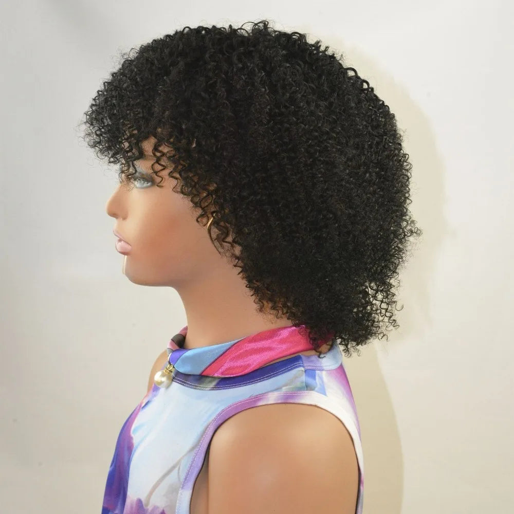 Natural Color Afro Kinky Curly Bangs Human Hair Full Machine Wig Brazilian