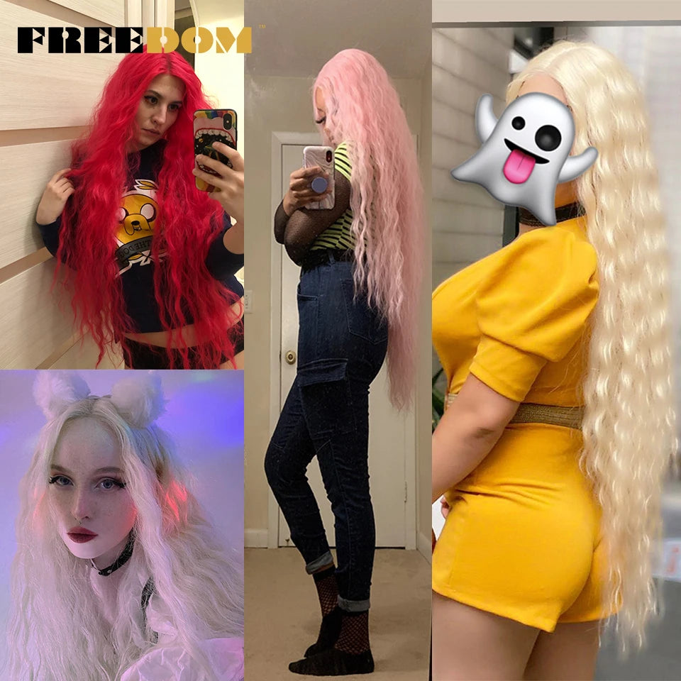 Synthetic Lace Frontal Wig Long Curly Ombre Brown Highlight Ginger White Pink