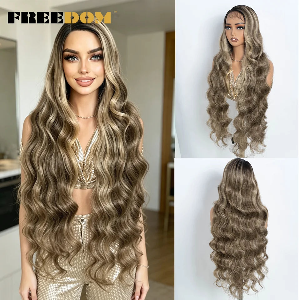 36" Long Wavy Synthetic Lace Front Wigs Ombre Brown Blonde Body Wave