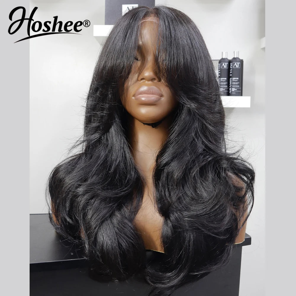 Blowout Looks Glueless, 4x4 Pre-cut Lace Wig Curtain Bangs Wear Go Front