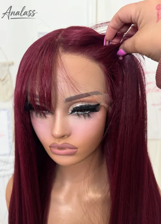 99J Burgundy Red Bone Straight Lace Front Wig Bangs, 13x4 HD Pre