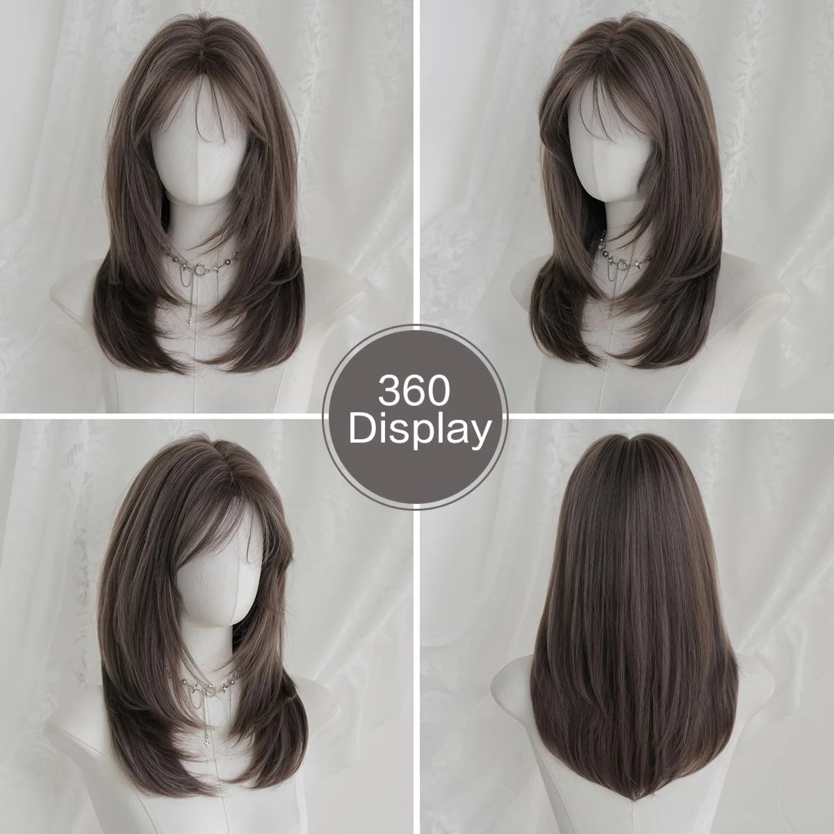 Elegant Wigs Long Straight Gray Purple Curtain Bangs Heat Resistant Synthetic Layered