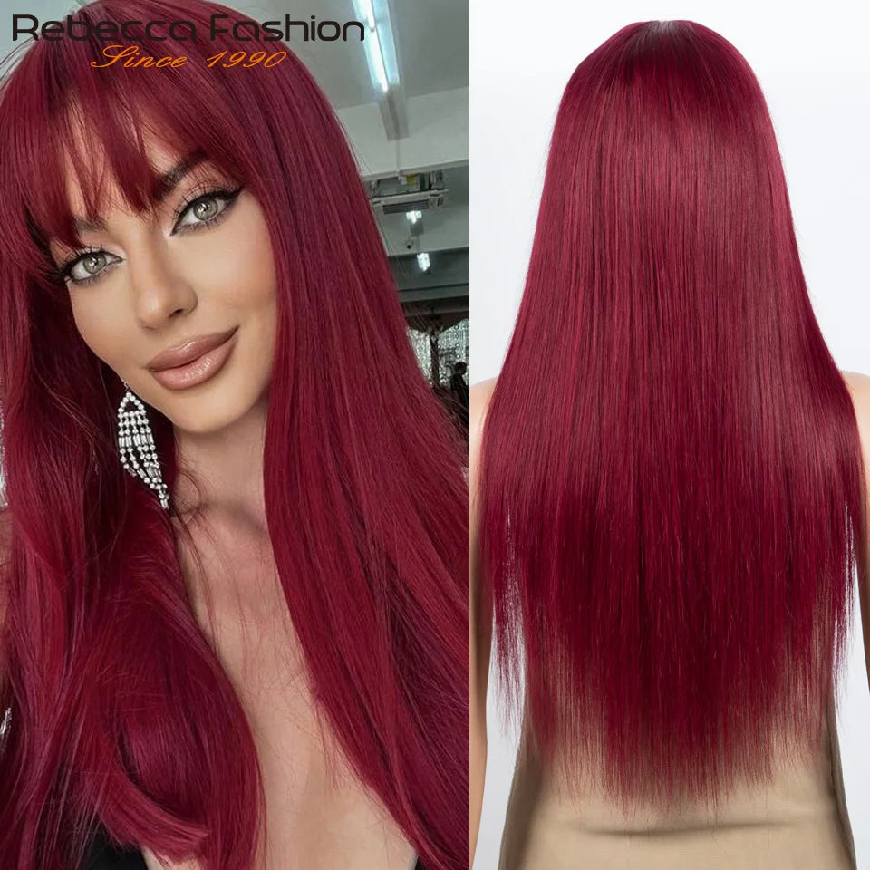 Brazilian Straight Human Hair Wigs Bangs Burgendy Put On Go, 100% Remy