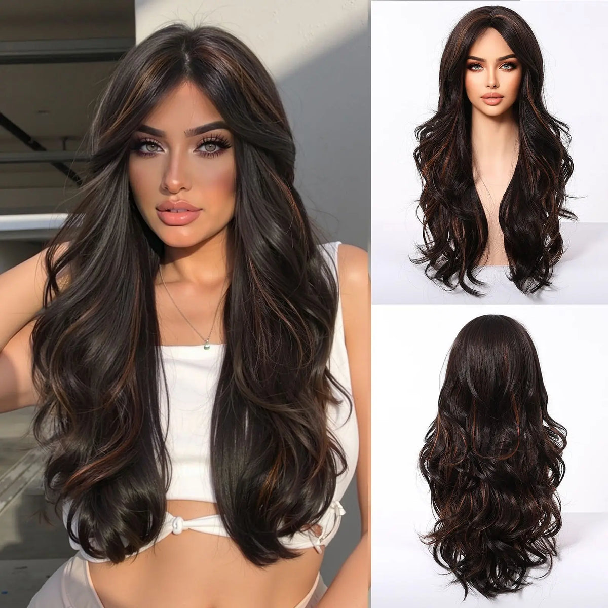 Long Curly Silver White Synthetic Wavy Wig Medium Part Water Wave Daily