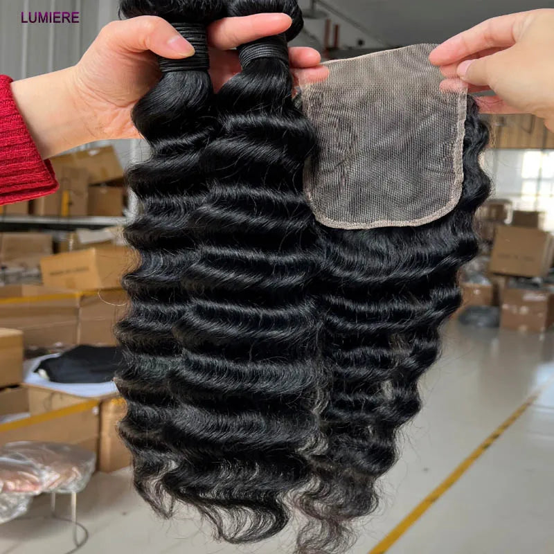 Top Loose Deep Wave Bundles Closure Frontal HD Transparent Lace Virgin Raw