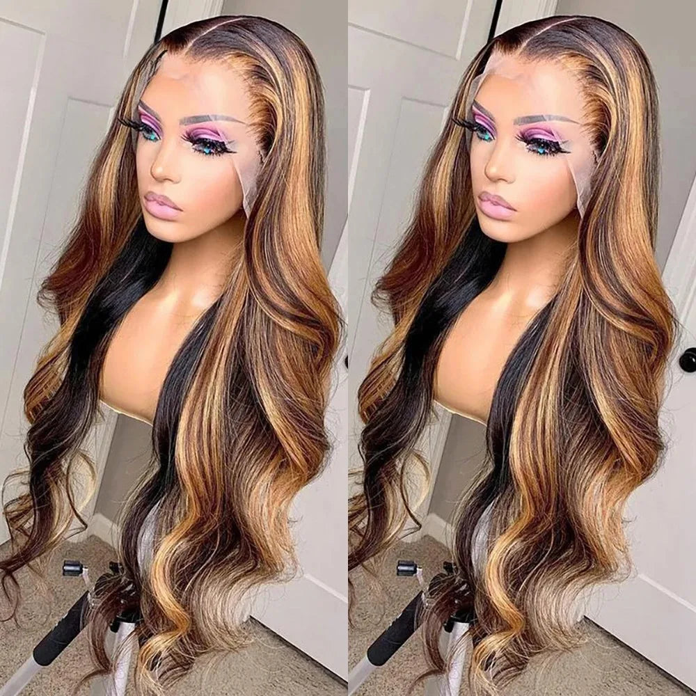 180% Density Brown Roots Ash Blonde Body Wave Lace Frontal Wig, 13x4, Ombre, Synthetic Blend