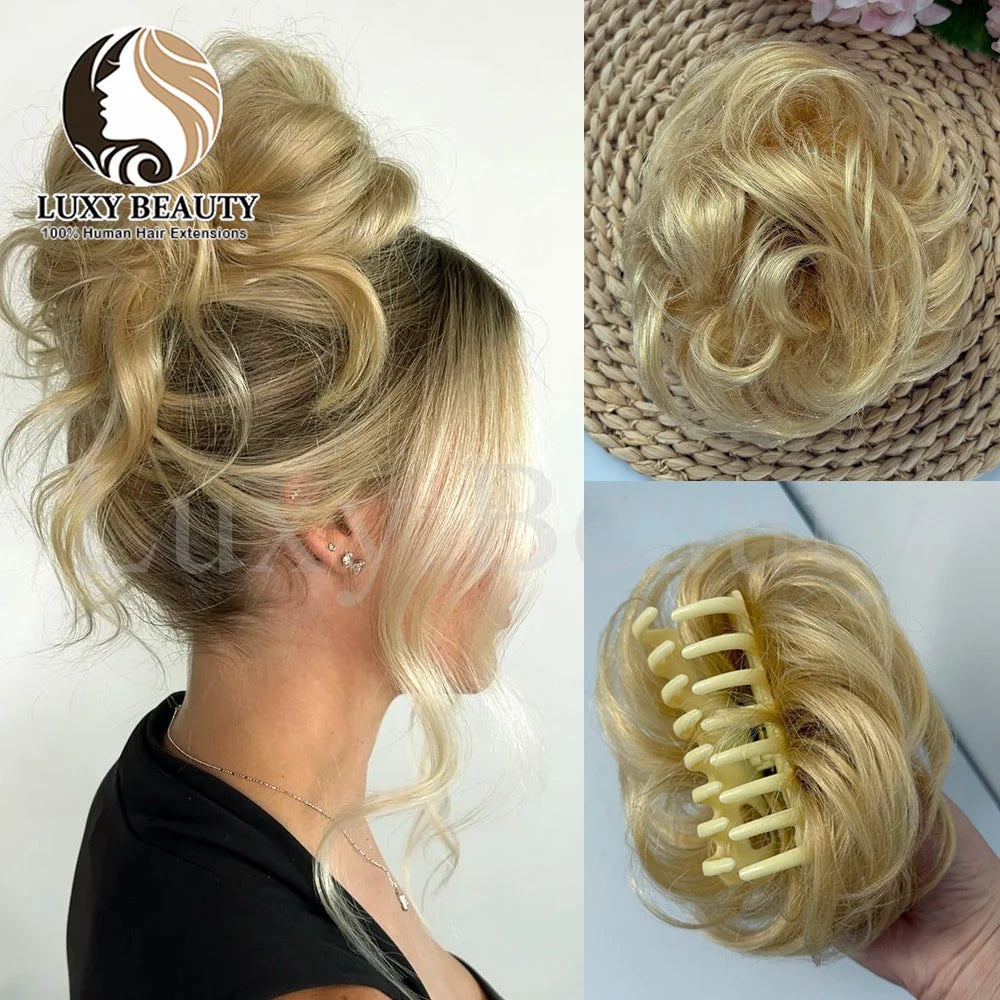 Brown Curly Claw Clip Messy Bun Ponytail Human Hair Extensions Black Blonde