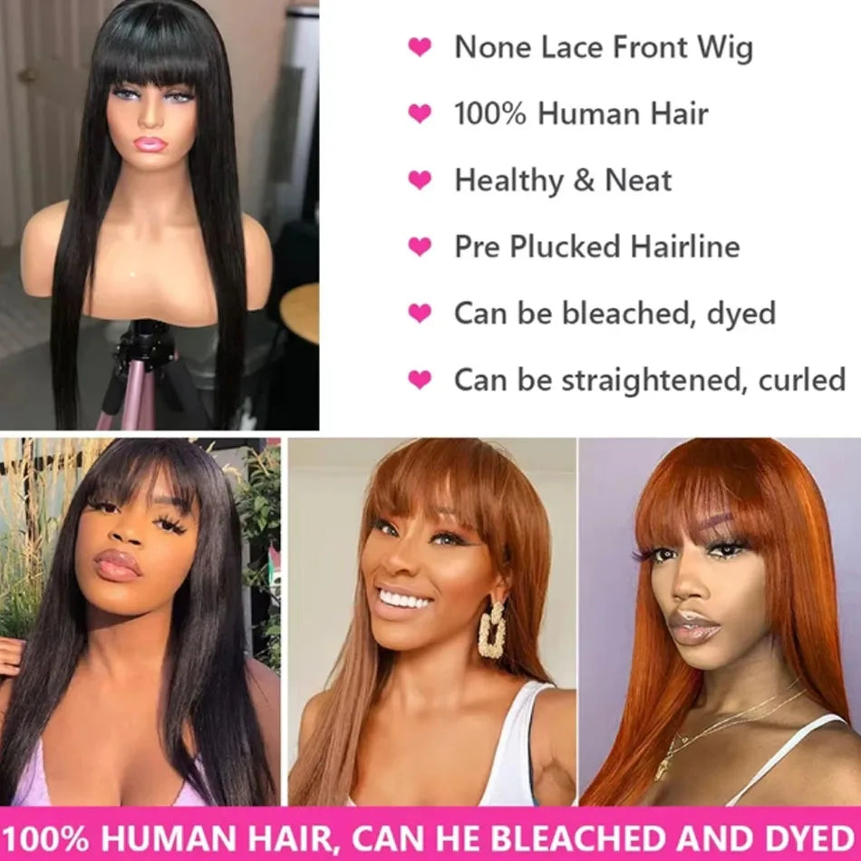 Natural Black Bone Straight Human Hair Wig Bangs 30Inch Glueless Brazilian, 3x1