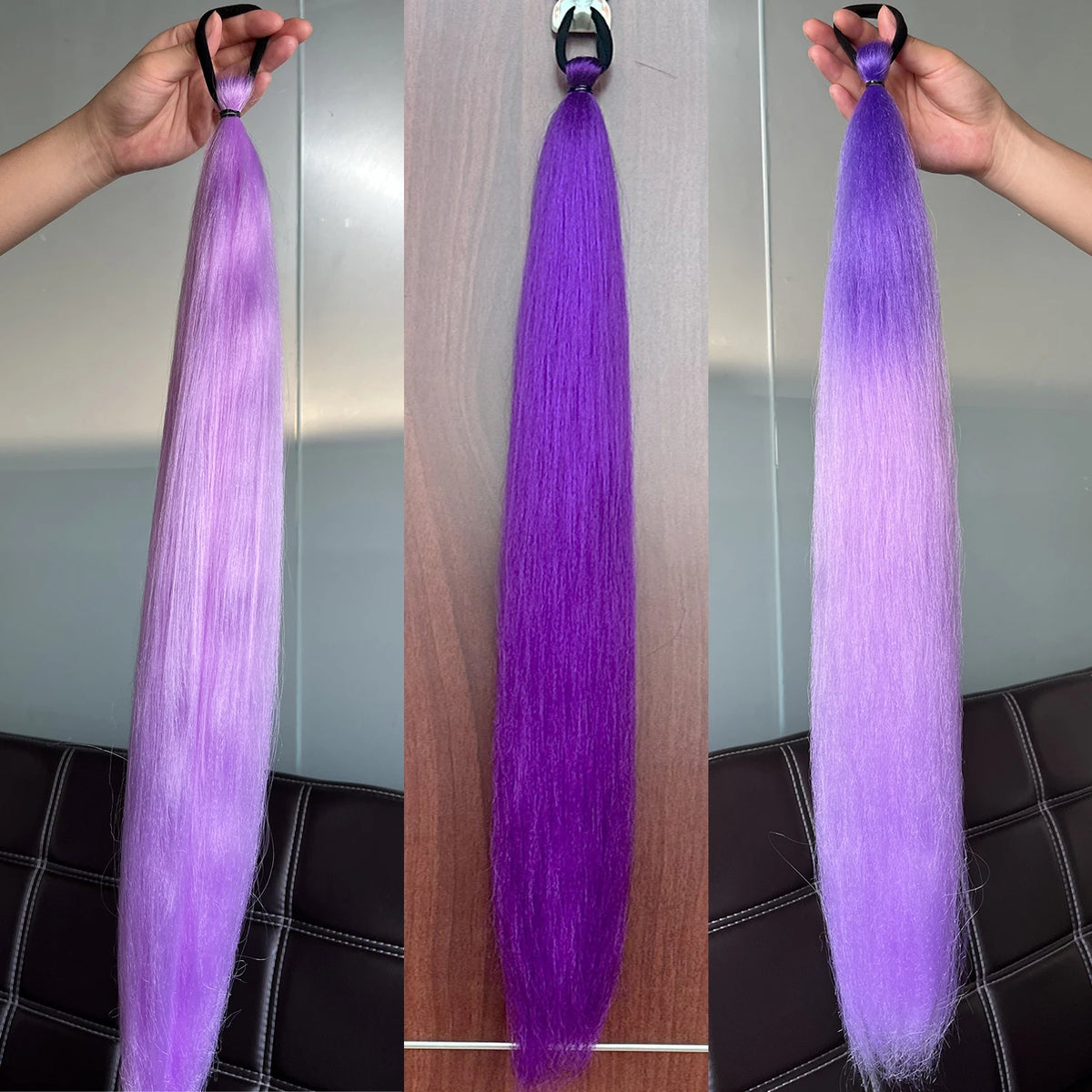 28 Inch Synthetic Long Straight Ponytail, Purple DIY Braided Ponytail with Rubber Band