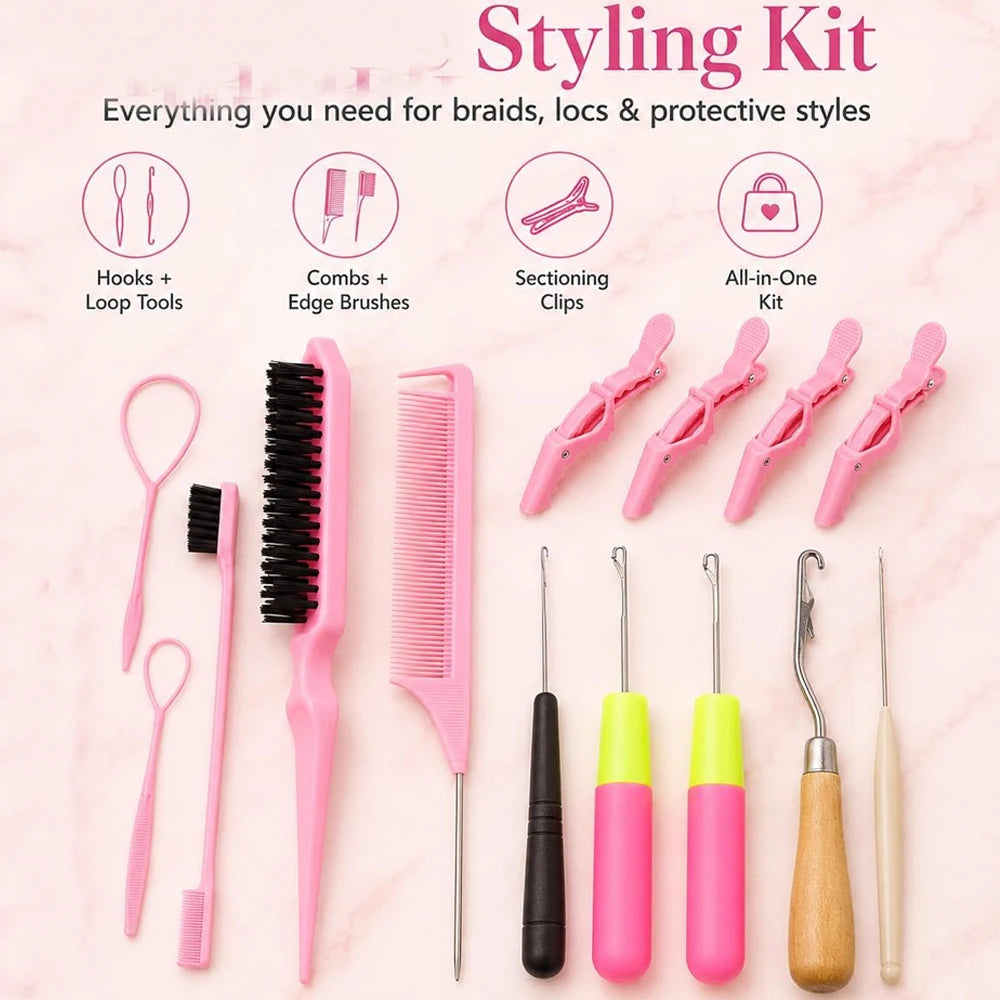 15-Piece Styling Kit Braiding Extensions,crochet Hooks Hair Tail Comb Duckbill Clips,for Braid