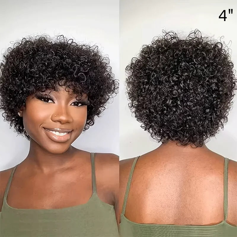 Mongolian Curly Afro Kinky Human Hair Wigs Bangs Without Glue Bouncy Density