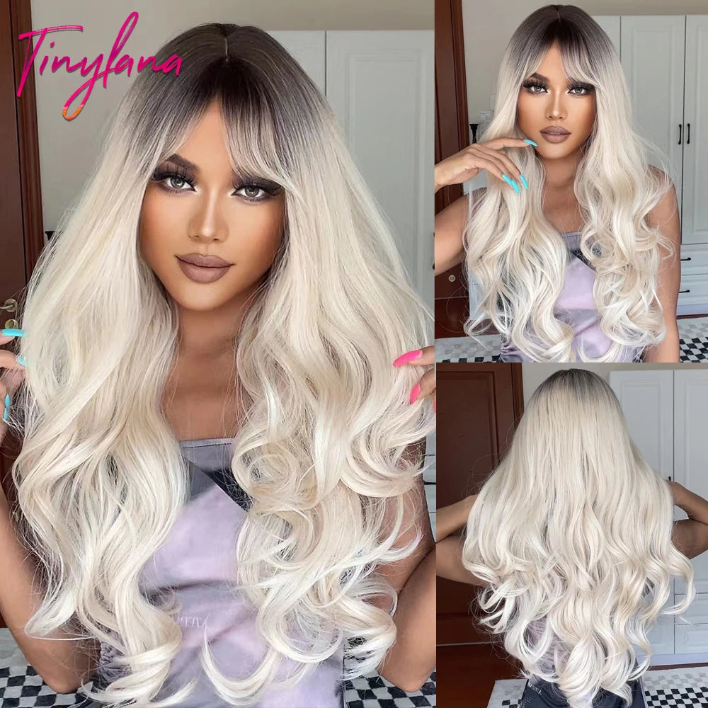 Super Long Black Wavy Synthetic Wigs Bangs Afro Dark Water Wave Halloween
