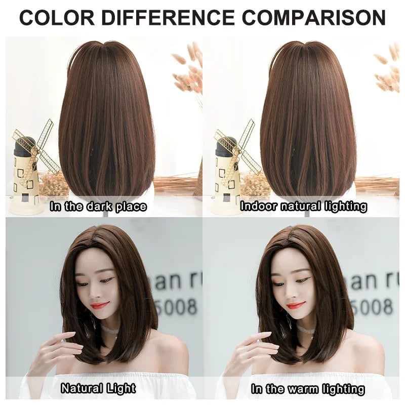 Wigs Short Straight Chocolate Bob Density Synthetic Layered Middle Part Dark Brown