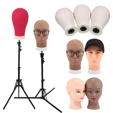 Foldable Wig Stand Tripod With 21-25Inch Canvas Head Black Male Bald Head Mannequin With Stand Wig Head Stand Tripod