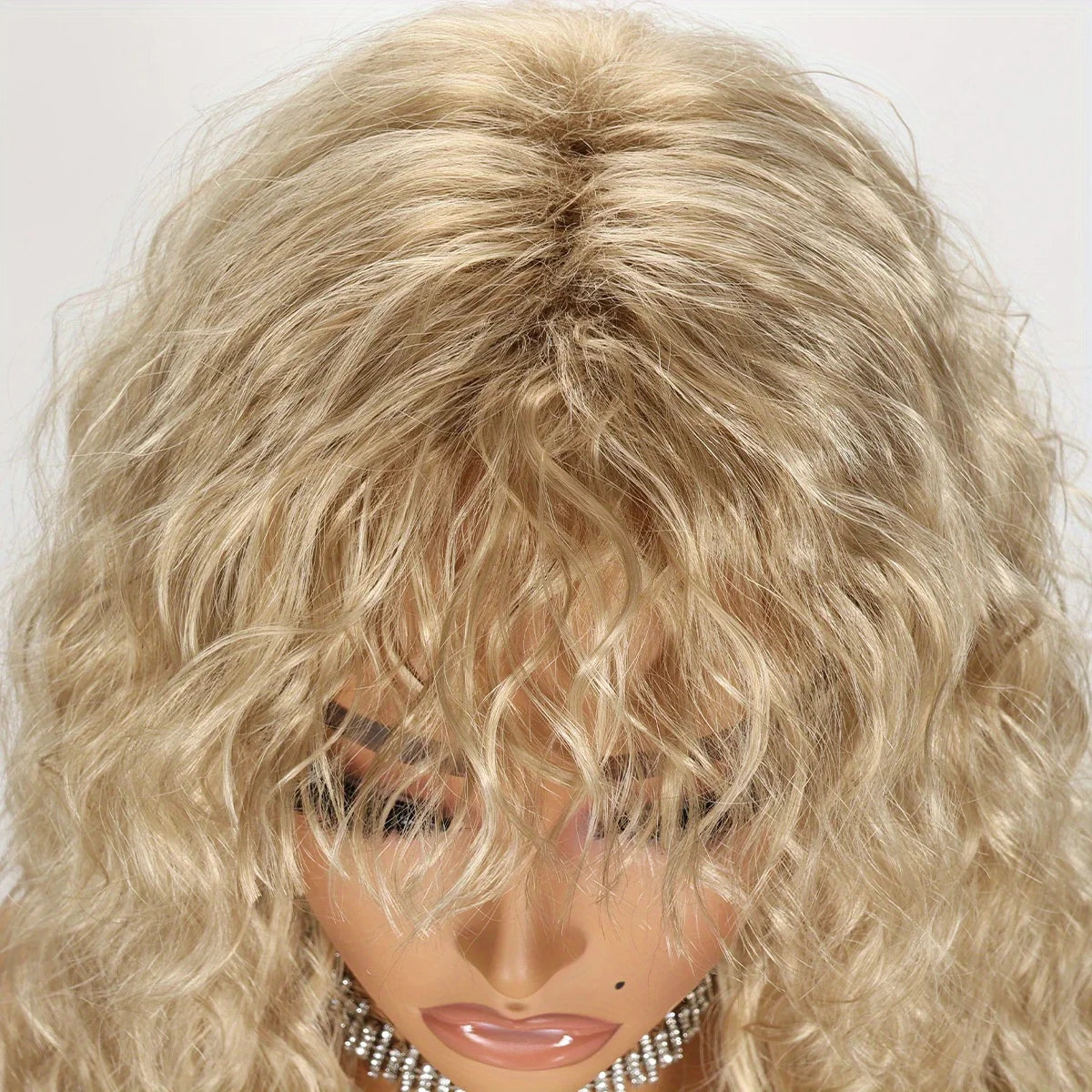 Golden Long Curly Wavy Women's Wig with Bangs, Synthetic Fiber Full Head Wig for Halloween Party