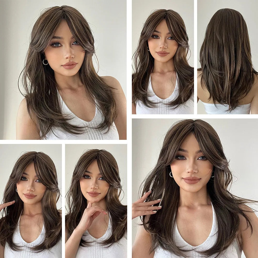 Brown Fiber Wig Slanted Bangs Medium Long Straight Hair Natural Synthetic Heat