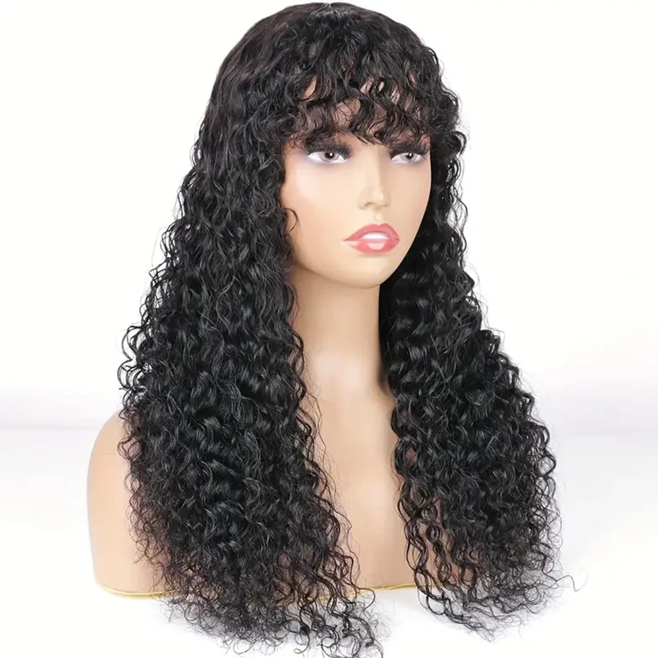Long Water Wave Human Hair Wigs Bangs Glueless Fringe Kinky Curly Bob