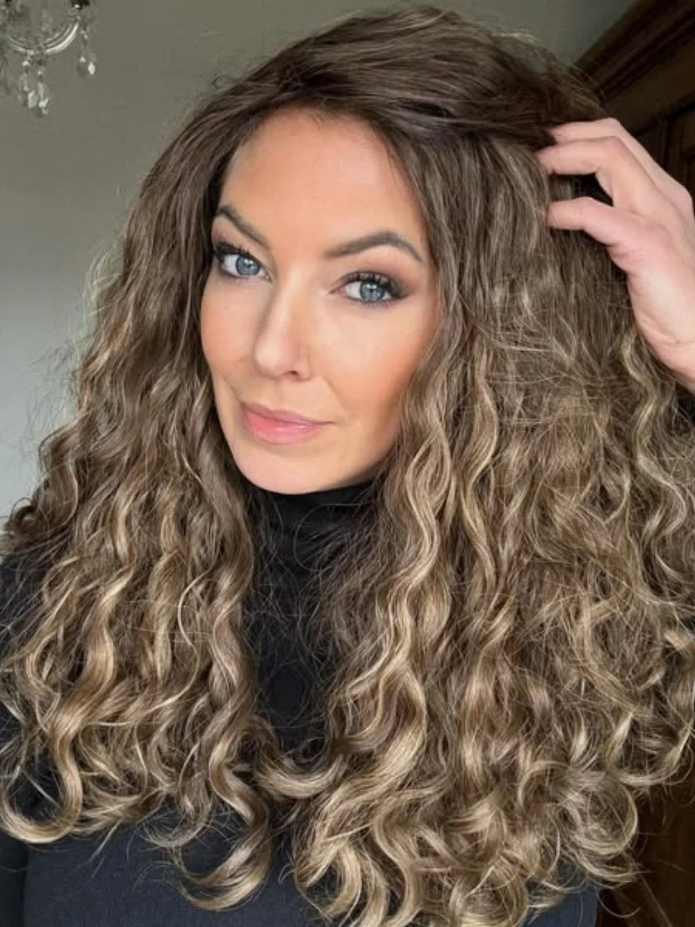 Frontal Lace Wigs, 100% Virgin Human Hair Brunette Brown Highlights Deep Curly
