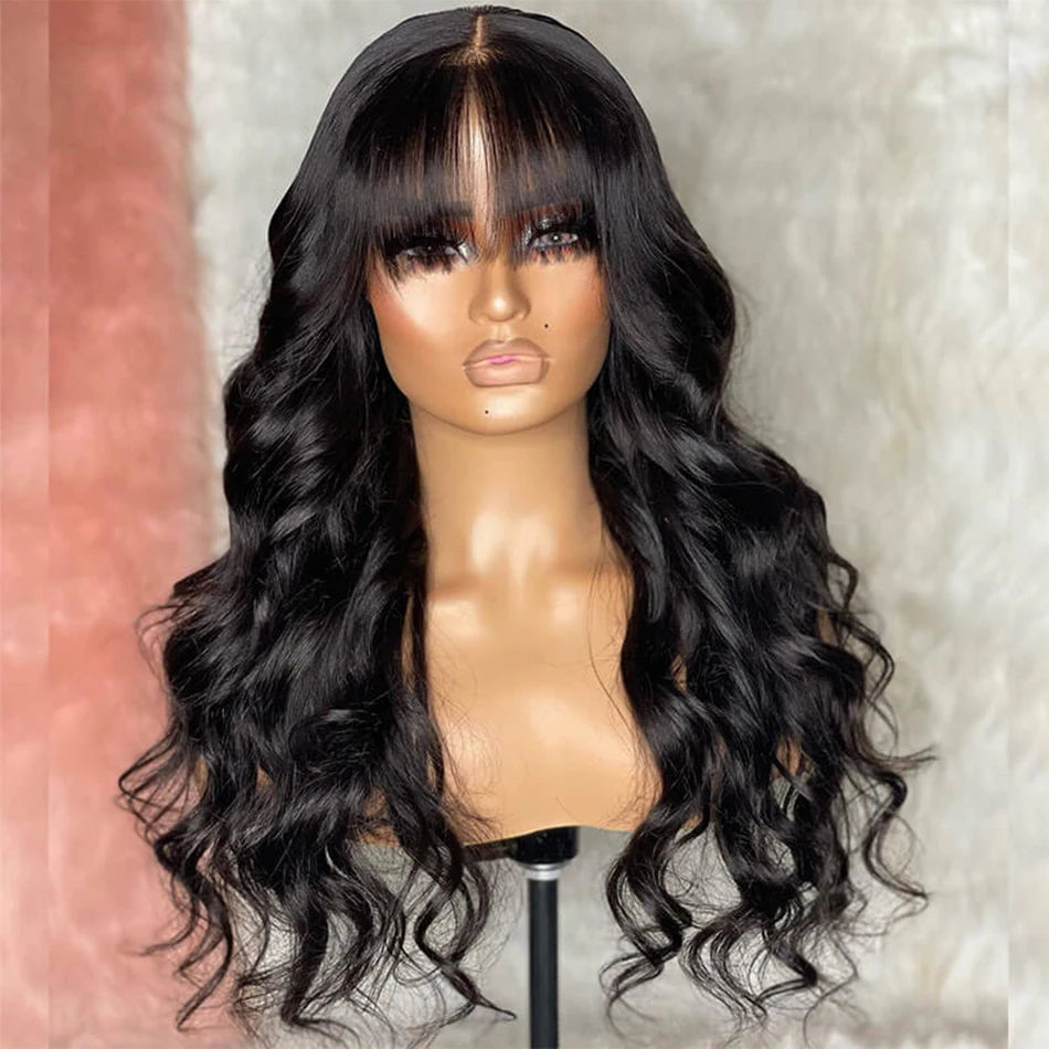 Body Wave Human Hair Wigs Bangs Brazilian Pre Plucked Full Machine Made