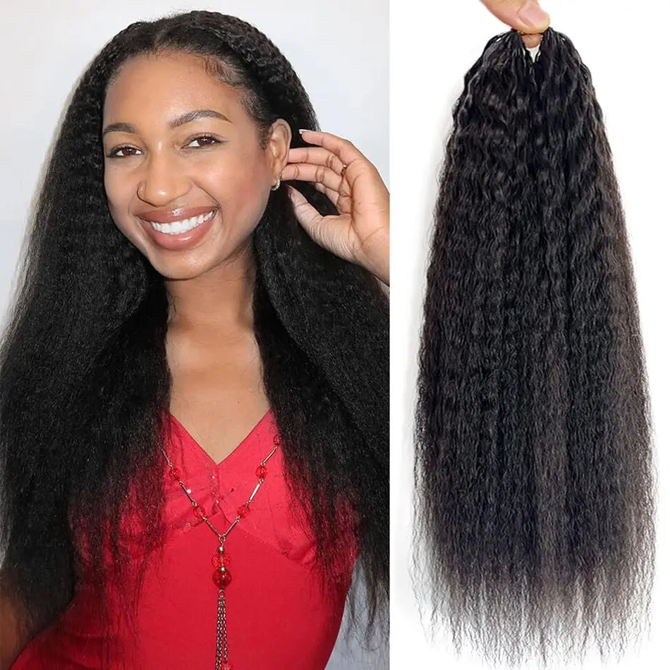Kinky Straight Human Crochet Hair Extensions, 26-30 Inch, Pre-Separated Feather Crochet, Natural Black
