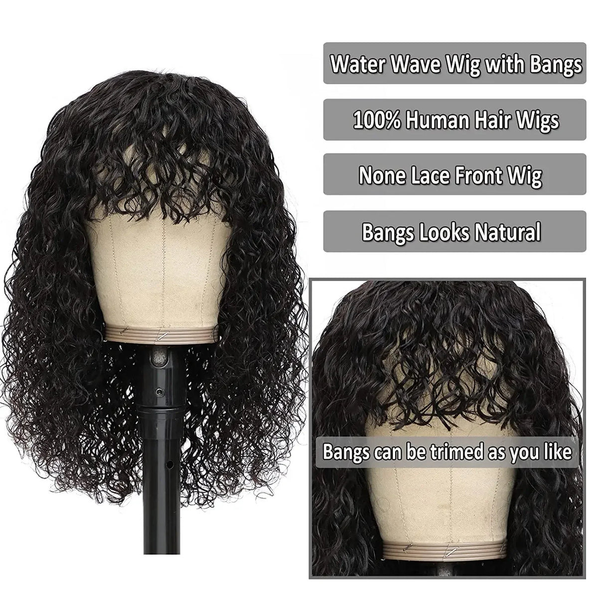 Water Curly 100% Virgin Human Hair Wig Bangs Density Peruvian Full Machine