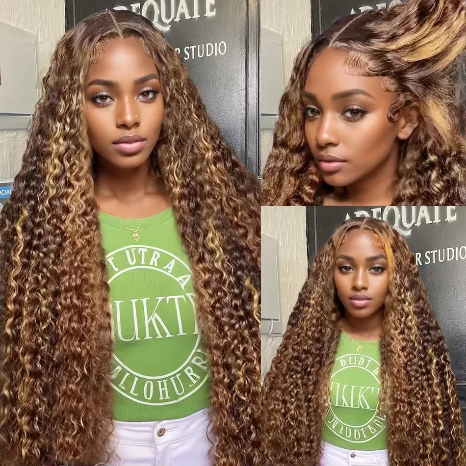 Honey Blonde Curly Wigs, 13x6 Glueless Highlight Human Hair Ready To Wear
