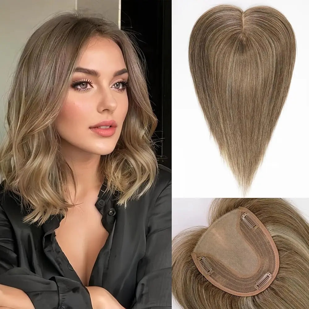 Straight Real Human Hair Topper No Bangs 5"*5.5" Base Brown Blonde Highlights