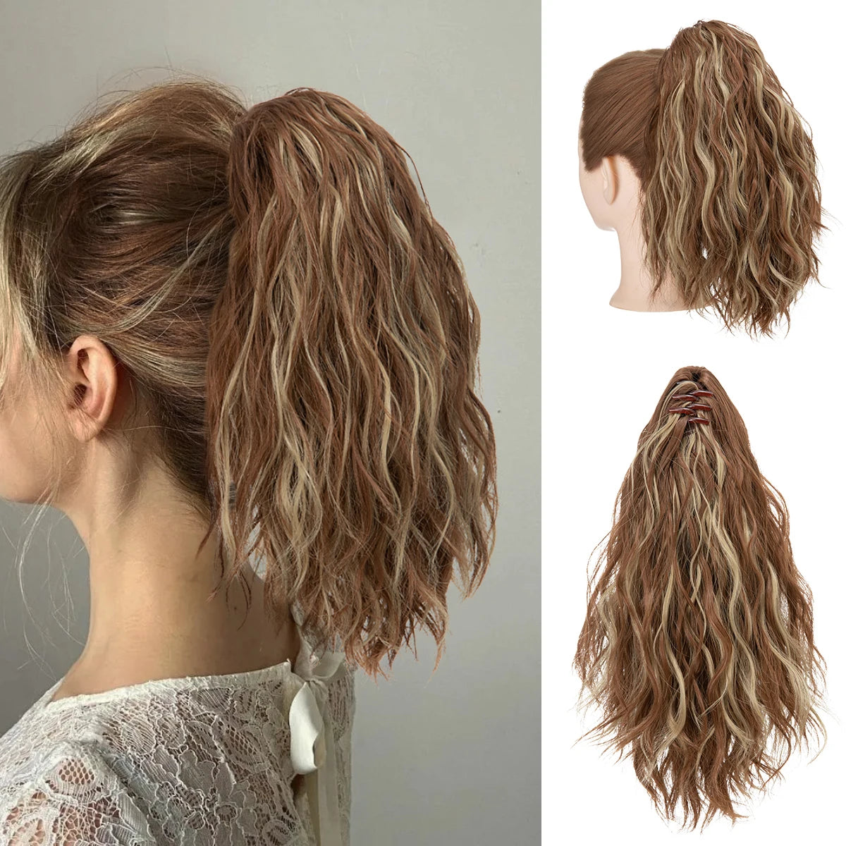Synthetic Curly Claw Clip in Ponytail Blonde Brown Short Hairpiece 13" Fake