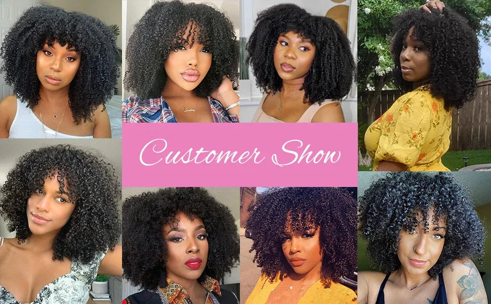 Mongolian Curly Afro Kinky Human Hair Wigs Bangs Without Glue Bouncy Density