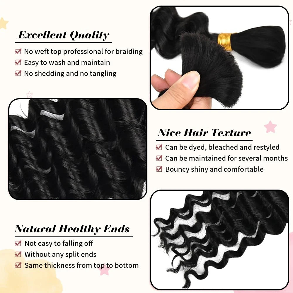 Deep Wave Bulk Human Braiding Hair for Boho Braids - Brazilian Virgin, 14 Inch, 100g (2 Bundles)