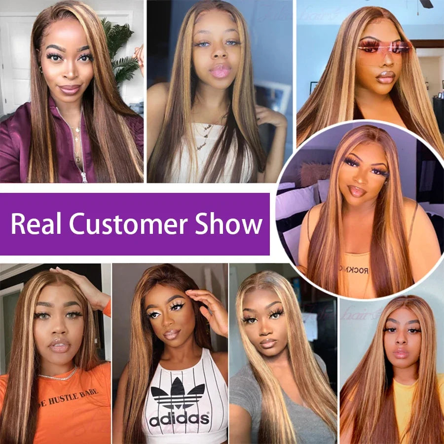 Brazilian Highlight Human Hair Lace Front Wig, Honey Blonde Straight, 13x4 13x6 HD Lace